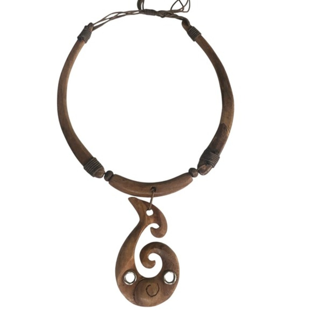 Handmade Carved Wood Pendant Necklace Adjustable Cord‎ Boho 3" Charm Hippie